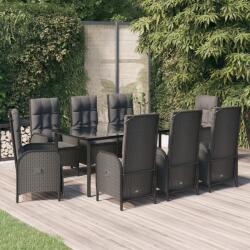 vidaXL 9 részes fekete polyrattan kerti étkezőgarnitúra párnákkal (3185196)