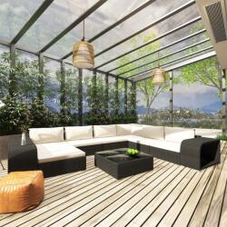 vidaXL 10-részes fekete polyrattan kerti bútorszett párnákkal (46815)