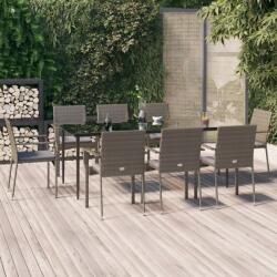 vidaXL 9 részes fekete és szürke polyrattan kerti étkezőszett párnával (3185130)