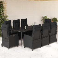 vidaXL 9 részes fekete polyrattan kerti étkezőgarnitúra párnákkal (3212751)