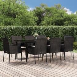 vidaXL 9 részes fekete polyrattan kerti étkezőgarnitúra párnákkal (3185147)