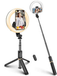 Techsuit - Szelfibot (Q07) - Stabil állvány szelfi gyűrűfénnyel, Bluetooth távvezérlővel, 80cm - Fekete