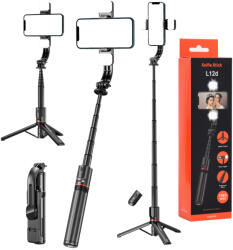 Techsuit - Selfie Bot (L12D) - Stabil Állvány Bluetooth Távirányítóval, 2x Levehető LED Fény, 108cm - Fekete