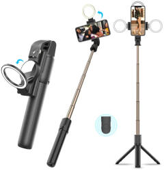 Techsuit - Szelfibot (K13) - Kompakt állvány tartó Bluetooth távirányítóval, LED szépségfénnyel, összecsukható, 84 cm - Fekete