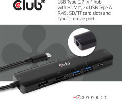 Club 3D USB Hub - CSV-1592 (3.1 USB-C Gen 1 to HDMI, 2xUSB-A BC1.2 charge, USB-C PD charge, SD, Micro SD, RJ45, 4K60Hz) (CSV-1592) - ipkameradiszkont