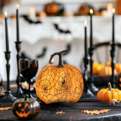 Family Halloween-i tök dekoráció - 16, 5 cm - narancs, pókhálós - habszivacs (56540C) - tipparuhaz