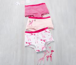 Tchibo 3 lányka alsó szettben Rózsaszín-pink-fehér csíkos, fehér alapon rózsaszín zsiráfmintával és rózsaszín-fehér csíkos 110/116