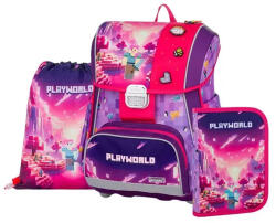 KARTON P+P Minecraft mintás csatos ergonómikus iskolatáska tolltartóval és tornazsákkal, Premium, Playworld Girl, lila-rózsaszín (KPP-0-90325) - mesescuccok