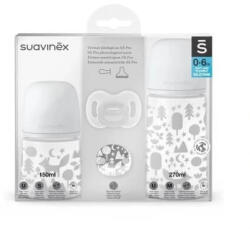  Suavinex, Set Sticlă 150ml + 270ml + Suzetă 0-6m + Clip Fox, gri Set pentru masa bebelusi