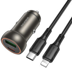 BOROFONE Autós töltő BZ32A Fresh - USB + Type C - QC 3.0 PD 30W Type C - Lightning kábellel szürke