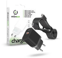 dreamtech PD Charger Set USB-C+A 20W+QC3.0-s adapterrel és USB-C / Lightning kábellel FEKETE