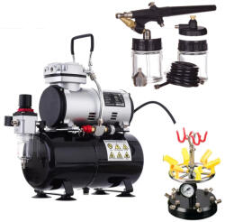Fengda, Technic Prémium modellező airbrush csomag pisztollyal, tömlővel, tartályokkal, állvánnyal, kompresszorral