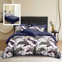 Pucioasa Lenjerie de pat dublu din finet, cearceaf pilota 200x220cm, set 6 piese, Frunze tropicale Bleumarin/Violet