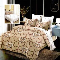 Pucioasa Lenjerie de pat dublu din finet, cearceaf pilota 200x220cm, set 6 piese, Inimi Maro/Bej
