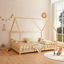 [en. casa] Pat Copii Sisimiut tip Casuta Montessori cu Protectie Impotriva Caderilor, Dimensiuni 200x120cm, Lemn de Brad, Culoare Lemn Natur (83601082)