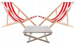 2 db piros csíkos, bükkfa vázas összecsukható napozóágy + kisasztal szett