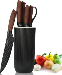 Royalty Line ® DC07P késkészlet blokkkal - Luxus 7 Delig késkészlet - Kenyér kés - Séf kés - Húskések és ollók sörnyitóval - Késblokk - Tapadásgátló bevonat - Fekete