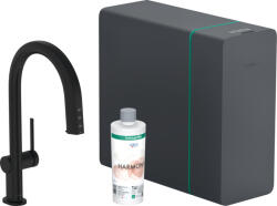 Hansgrohe Aqittura M91 Vízszűrős konyhai csaptelep kihúzható zuhanyfejjel és szódakészítő rendszer, matt fekete 76838670 (76838670)