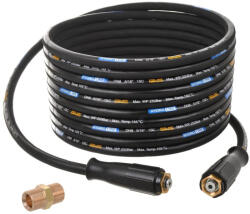 HydroLine Premium acélfonatos, hőálló magasnyomású tömlő 15 méter DN8 M22-M22 csatlakozókkal + M22 toldó adapterrel (Kivitel: K Típus) Karcher és Kranzle magasnyomású mosókhoz