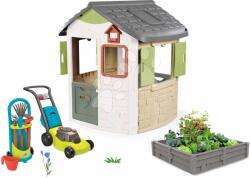 Smoby Set căsuță și nisipar multifucțional cu grădină Life Jura Lodge Smoby extensibil cu mașină de tuns iarbă cu cărcuior și unelte (SM810504-3) Casuta pentru copii
