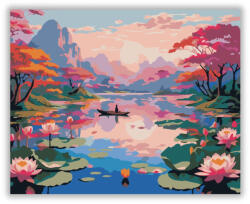  Rózsaszín és Narancs Lótuszok Naplementében - számfestő készlet