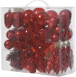 Decoris karácsonyi gömb és csúcs díszkészlet, Műanyag, Különböző bevonatok, Piros, 59 db
