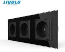 Livolo Priza Schuko tripla, borne fara surub - quick connect, cu rama sticla Negru (VL-3FCTC16A-3P7E-2BPS01)