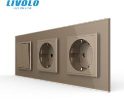 Livolo Intrerupator mecanic dublu + priza Schuko + priza Schuko, cap / scara, cu rama sticla Auriu (VL-FCMKS-1-2FCTC16A-P7E/E/E-6AP)