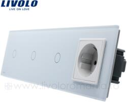 Livolo Intrerupator 3 x simplu + priza simpla, generatia noua, cu rama sticla Alb (VL-3FC1-2G-FCTC16A-8WP)