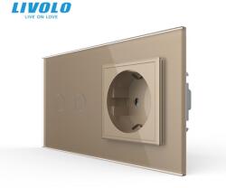 Livolo Intrerupator dublu cu touch + priza Schuko, generatia noua, cu rama sticla Auriu (VL-FC2-FCTC16A-P702/E-2GAP)
