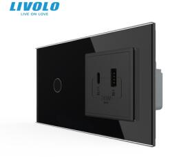 Livolo Intrerupator simplu + priza USB tip A si tip C, generatia noua, cu rama sticla Negru (VL-FC1-FCUA18W.UC18W-P701/E-4BP)