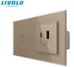 Livolo Intrerupator simplu + priza USB tip A si tip C, generatia noua, cu rama sticla Auriu (VL-FC1-FCUA18W.UC18W-P701/E-4AP)