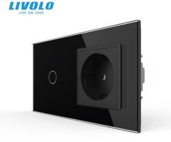 Livolo Intrerupator simplu cu touch + priza Schuko borne fara surub Quick Connect, generatia noua, cu rama sticla Negru (VL-FC1-FCTC16A-P701/E-2GBPS01)