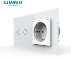 Livolo Intrerupator dublu cu touch + priza Schuko borne fara surub Quick Connect, generatia noua, cu rama sticla Alb (VL-FC2-FCTC16A-P702/E-2GWPS01)