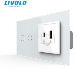 Livolo Intrerupator dublu + priza USB tip A si tip C, generatia noua, cu rama sticla Alb (VL-FC2-FCUA18W.UC18W-P702/E-4WP)