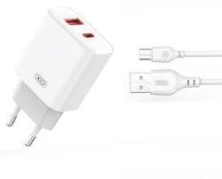 XO CE12 hálózati töltő 1xUSB-A és 1xUSB-C csatlakozással + USB - microUSB kábellel PD QC3.0 20W - fehér