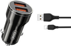 XO CC48 autós töltő 2x USB-A + Lightning kábel 2, 4A - fekete