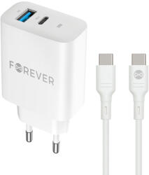 Forever TC-07-30AC hálózati töltő 1xUSB-A és 1xUSB-C csatlakozással + USB-C - USB-C kábel PD QC 30W - fehér