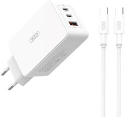 XO CE13 hálózati töltő 1xUSB-A és 2xUSB-C csatlakozással + USB-C - USB-C kábellel PD QC3.0 65W - fehér
