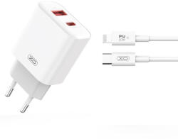 XO CE12 hálózati töltő 1xUSB-A és 1xUSB-C csatlakozással + USB-C - Lightning kábellel PD QC3.0 20W - fehér