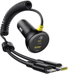Baseus Circular autós töltő 1xUSB-A és 1xUSB-C csatlakozással + rögzített Type-C és Lightning kábel 60W - fekete