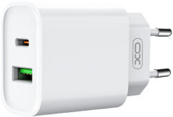 XO CE02A hálózati töltő 1xUSB-A és 1xUSB-C csatlakozással + USB-C - USB-C kábellel PD QC3.0 20W - fehér