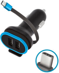 Forever CC-02 autós töltő 2x USB-A + USB-C kábellel 0, 2m 3A - fekete