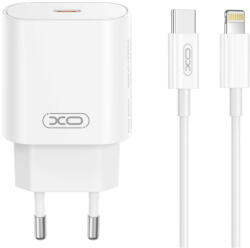 XO CE25 hálózati töltő 1xUSB-C csatlakozással + USB-C - Lightning kábellel PD 25W - fehér