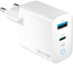 Forever TC-06-33AC hálózati töltő 1xUSB-A és 1xUSB-C csatlakozással 33W GaN PD QC - fehér