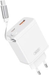 XO CE31 hálózati töltő 1xUSB-A és 1xUSB-C csatlakozással + visszahúzható USB-C kábellel 30W - fehér