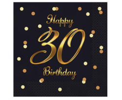 Javoli Happy Birthday 30 B&C Black-Gold szalvéta 20 db-os 33x33 cm (MLG165210)