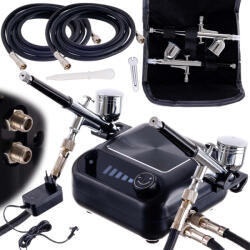 TC TECHNIC Tökéletes airbrush készlet (kompresszor, két festékszóró, tömlőkkel - automatikus leállítás + szabályozás) TC Technic HS-A9KBLACK