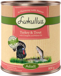Lukullus 12x800g Lukullus Naturkost Adult pulyka & pisztráng (gabonamentes) nedves kutyatáp 10+2 ingyen