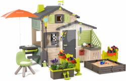 Smoby Căsuța Pietenilor ecologică cu grădină sub umbrelă în culori naturale maro Friends House Evo Playhouse Life Smoby extensibilă (SM810253-2B) Casuta pentru copii